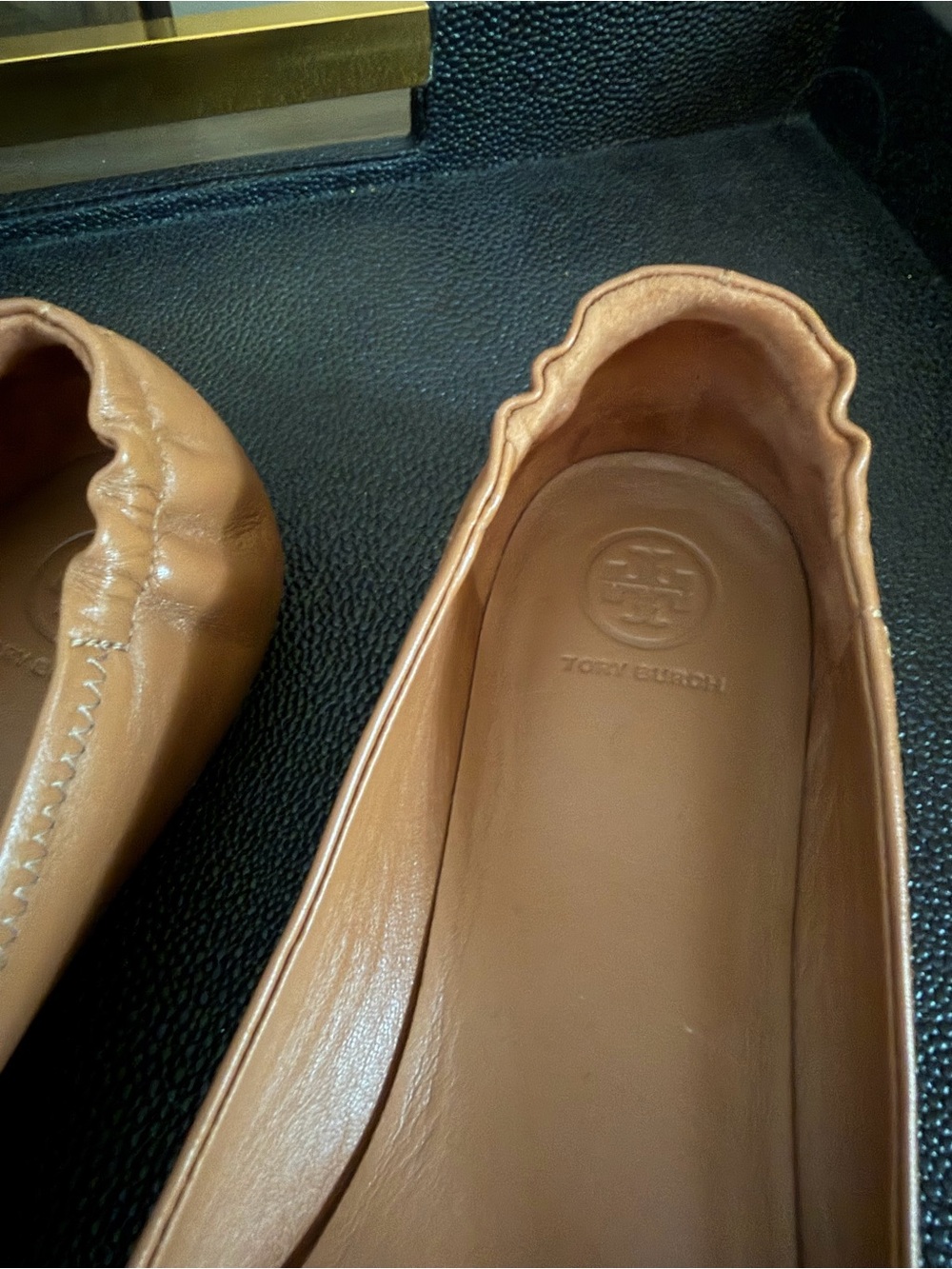 Tory Burch Brown Leather Ballet Flats with Gold Logo Medallion - Picture 6 of 6